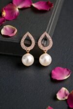 Rose Gold Teardrop Pearl Dangle Earrings with CZ Stones