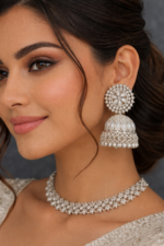 Silver Oxidised Floral Jhumka Earrings with Stone - Image 2