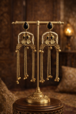 Royal Kashmiri Black Stone Gold Plated Long Chain Earrings