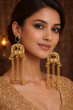 Royal Kashmiri Black Stone Gold Plated Long Chain Earrings - Image 2