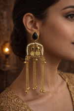 Royal Kashmiri Black Stone Gold Plated Long Chain Earrings - Image 3