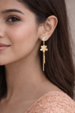 Elegant Korean Gold Flower Drop Earrings with Crystal Stud - Image 2