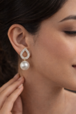 Rose Gold Teardrop Pearl Dangle Earrings with CZ Stones - Image 2