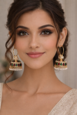 Green & Maroon Stone Pearl Baali Jhumka Earrings - Image 3