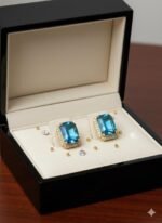 Blue Crystal Rectangular Stud Earrings - Image 5