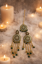 Antique Gold Green Bead Long Earrings & Maang Tikka Set