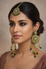 Antique Gold Green Bead Long Earrings & Maang Tikka Set - Image 2