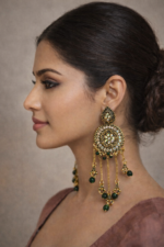 Antique Gold Green Bead Long Earrings & Maang Tikka Set - Image 3