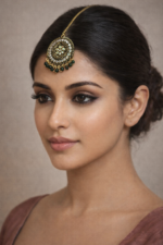 Antique Gold Green Bead Long Earrings & Maang Tikka Set - Image 4