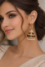 Green & Maroon Stone Pearl Baali Jhumka Earrings - Image 2