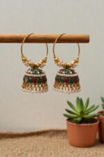Green & Maroon Stone Pearl Baali Jhumka Earrings