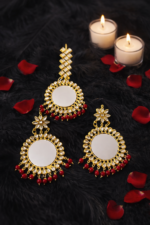 Traditional Mirror Work Chandbali Earrings with Maang Tikka – Red Beads