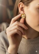 Golden Bloom Pearl Stud Earrings. - Image 2