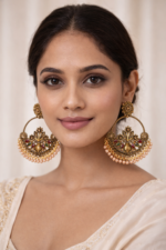 Antique Gold Floral Chandbali Earrings with Pearl Drops - Image 3