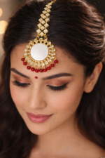 Traditional Mirror Work Chandbali Earrings with Maang Tikka – Red Beads - Image 3