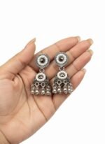 Oxidized Silver Pearl Jhumka Earrings - Image 2