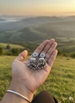Oxidized Silver Pearl Jhumka Earrings - Image 3