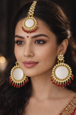 Traditional Mirror Work Chandbali Earrings with Maang Tikka – Red Beads