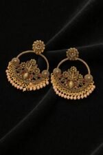 Antique Gold Floral Chandbali Earrings with Pearl Drops