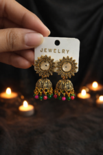 Antique Gold Sun Design Jhumka Earrings - Image 2