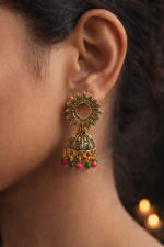 Antique Gold Sun Design Jhumka Earrings - Image 3